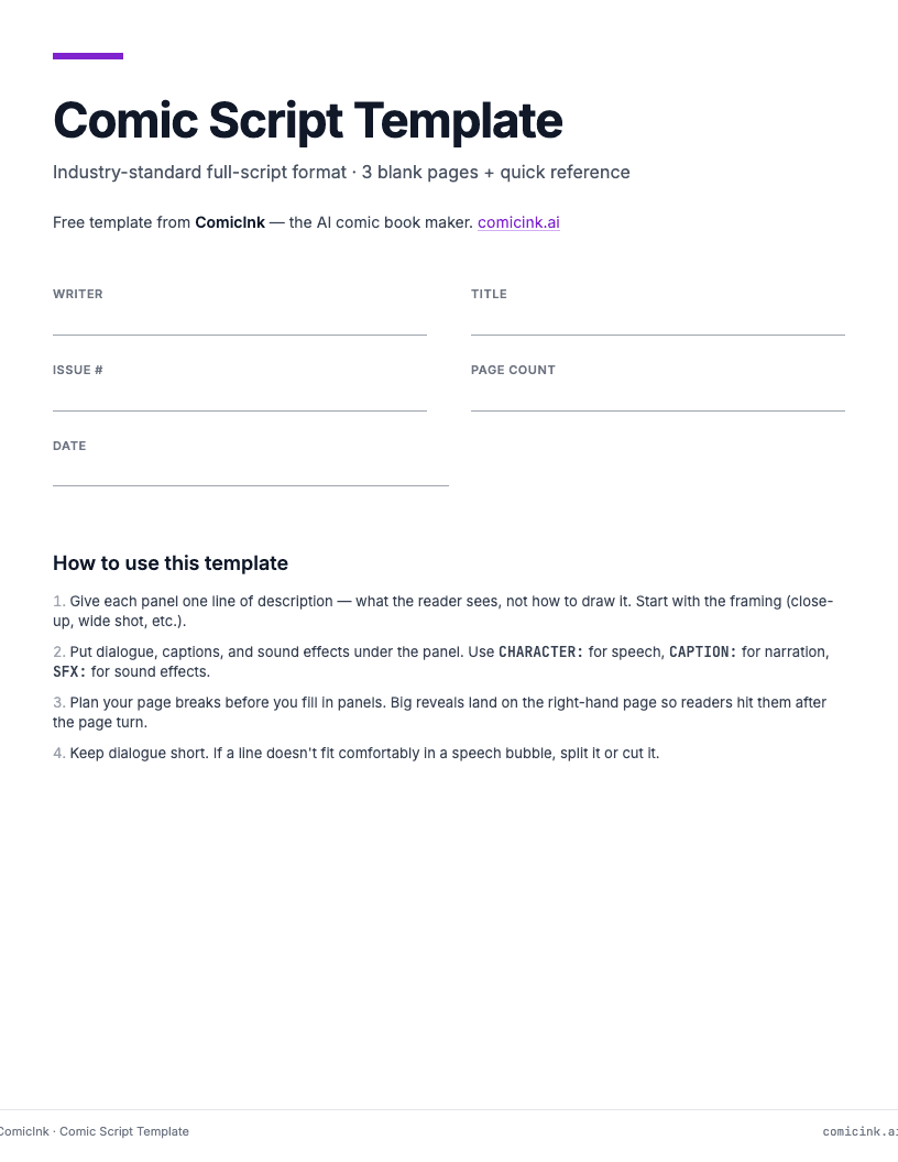 Comic Script Examples Easy Comic Script Template — Free Printable PDF | ComicInk | ComicInk