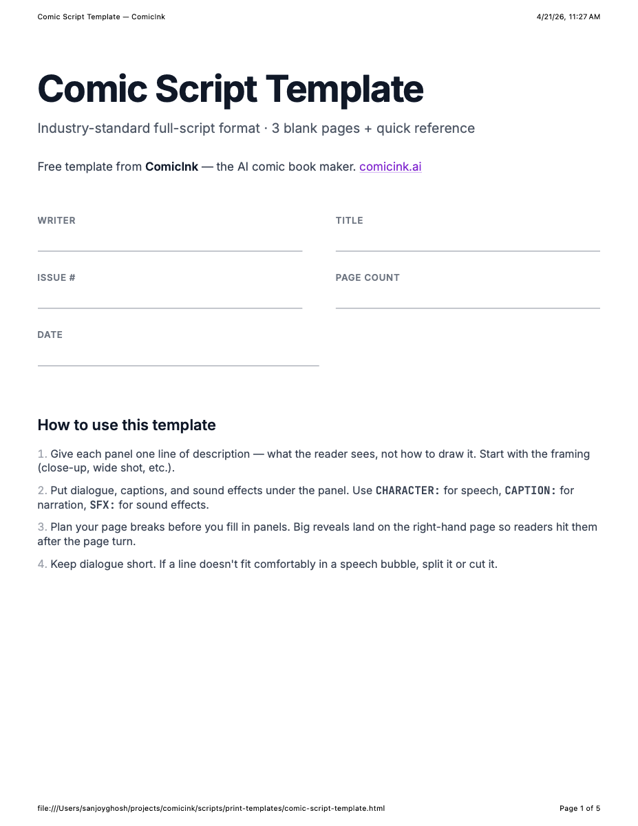 Comic Script Template — Free Printable PDF | ComicInk | ComicInk